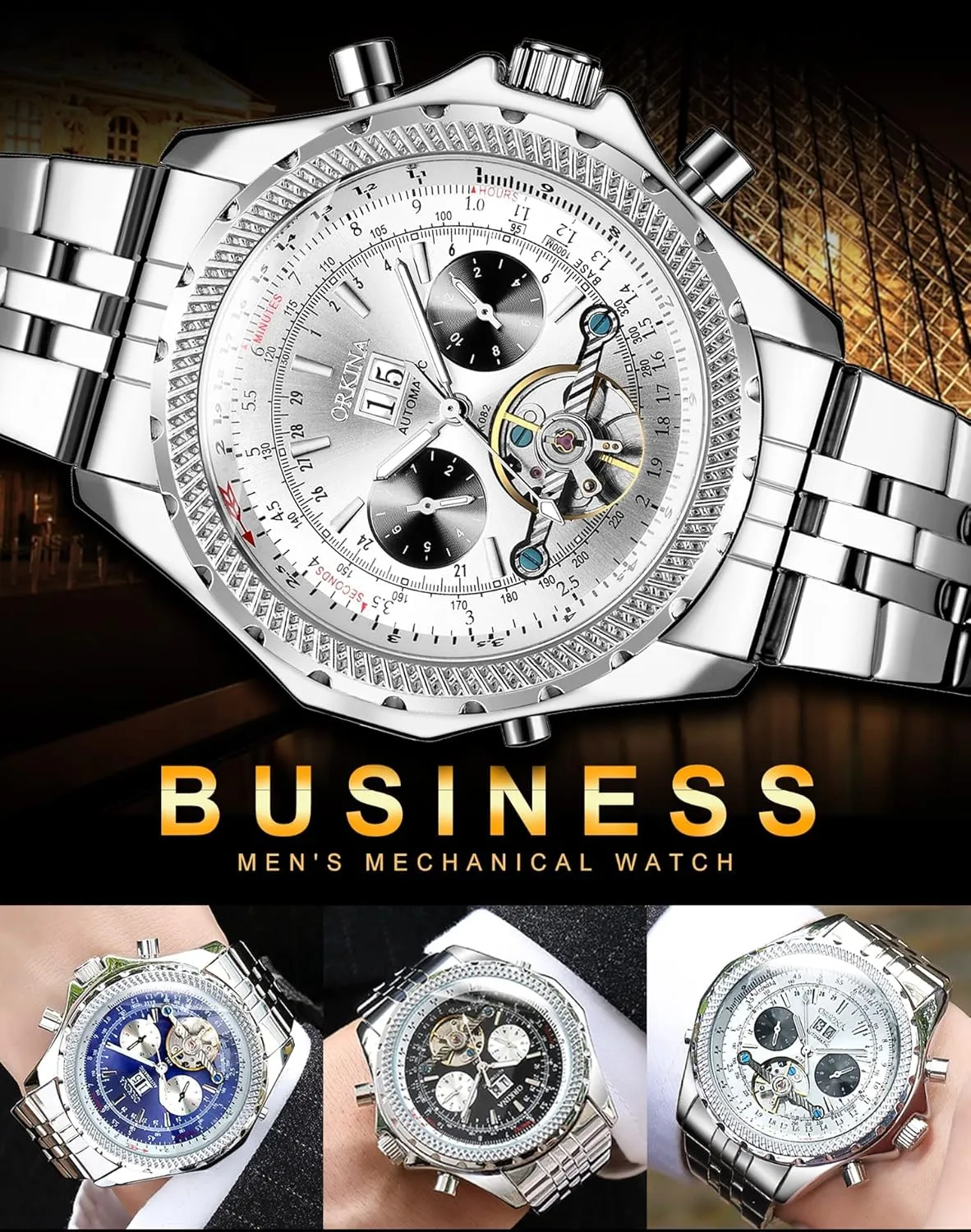 ORKINA Mens Luxury Mechanical Tourbillon Multifunctional Watches, Self-Wind Automatic Wrist Watch, Stainless Steel Strap, 46mm Big Dial with Day & Month Sub Dial