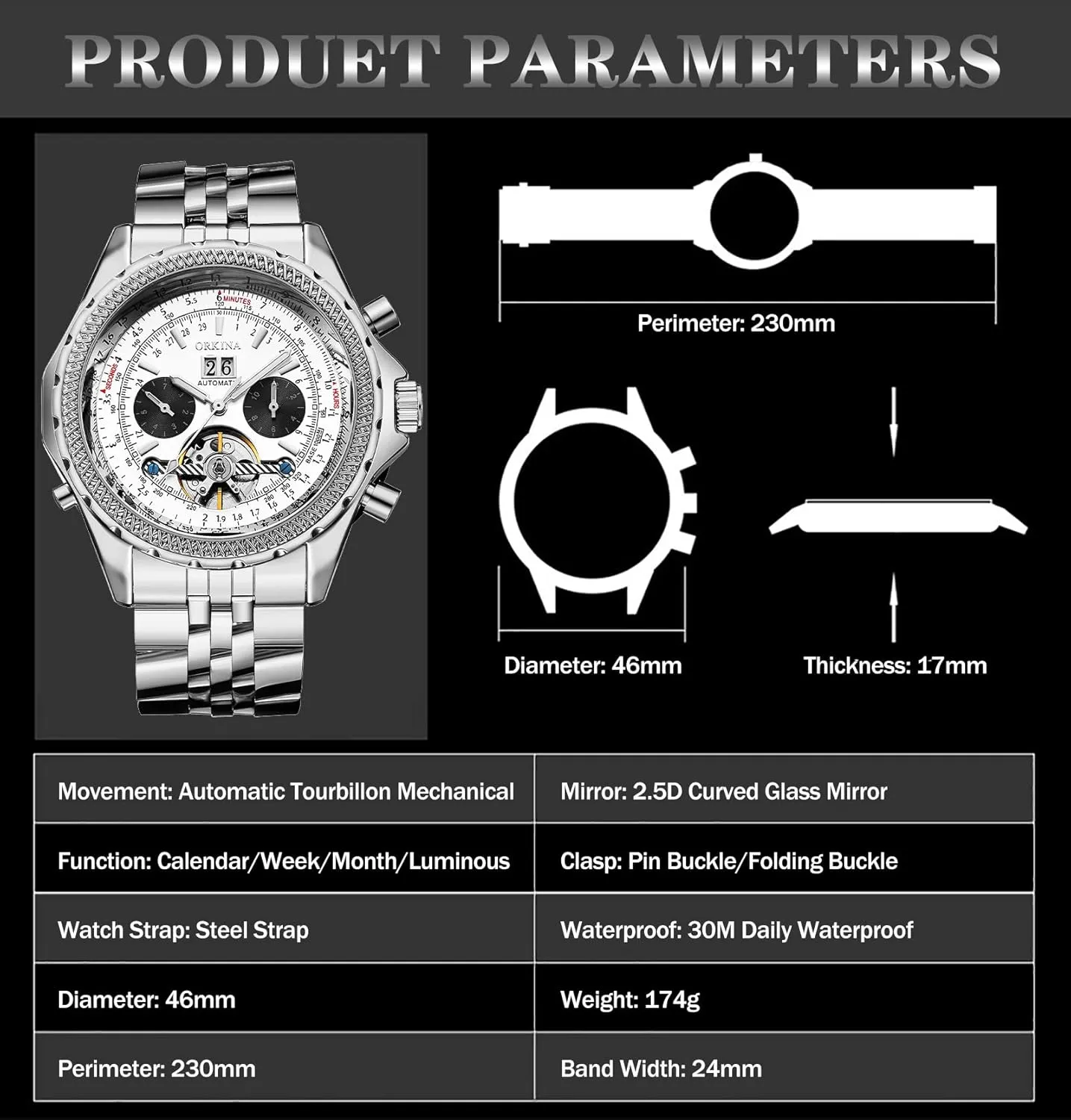 ORKINA Mens Luxury Mechanical Tourbillon Multifunctional Watches, Self-Wind Automatic Wrist Watch, Stainless Steel Strap, 46mm Big Dial with Day & Month Sub Dial