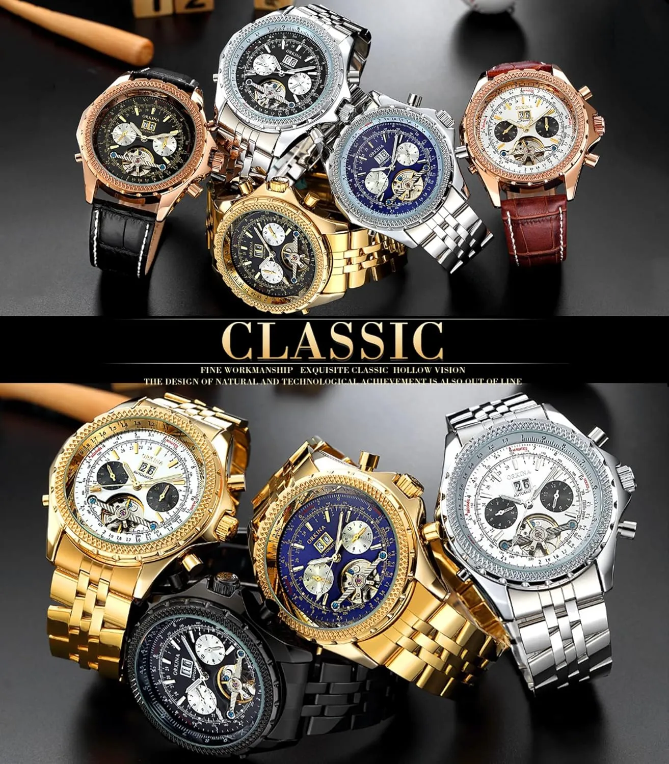 ORKINA Mens Luxury Mechanical Tourbillon Multifunctional Watches, Self-Wind Automatic Wrist Watch, Stainless Steel Strap, 46mm Big Dial with Day & Month Sub Dial