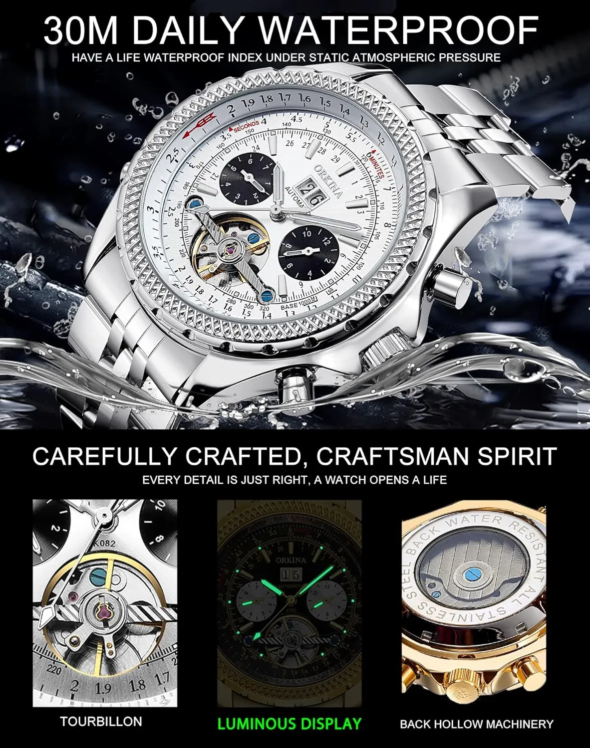 ORKINA Mens Luxury Mechanical Tourbillon Multifunctional Watches, Self-Wind Automatic Wrist Watch, Stainless Steel Strap, 46mm Big Dial with Day & Month Sub Dial