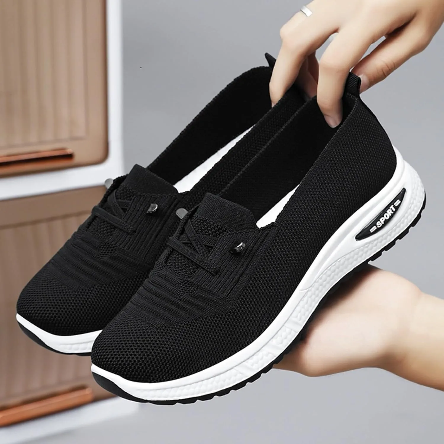 Orthopedic Shoes for Women Slip ons Breathable Mesh Knitted Woven Low Top Comfortable Arch Support Non-Slip Walking Shoes