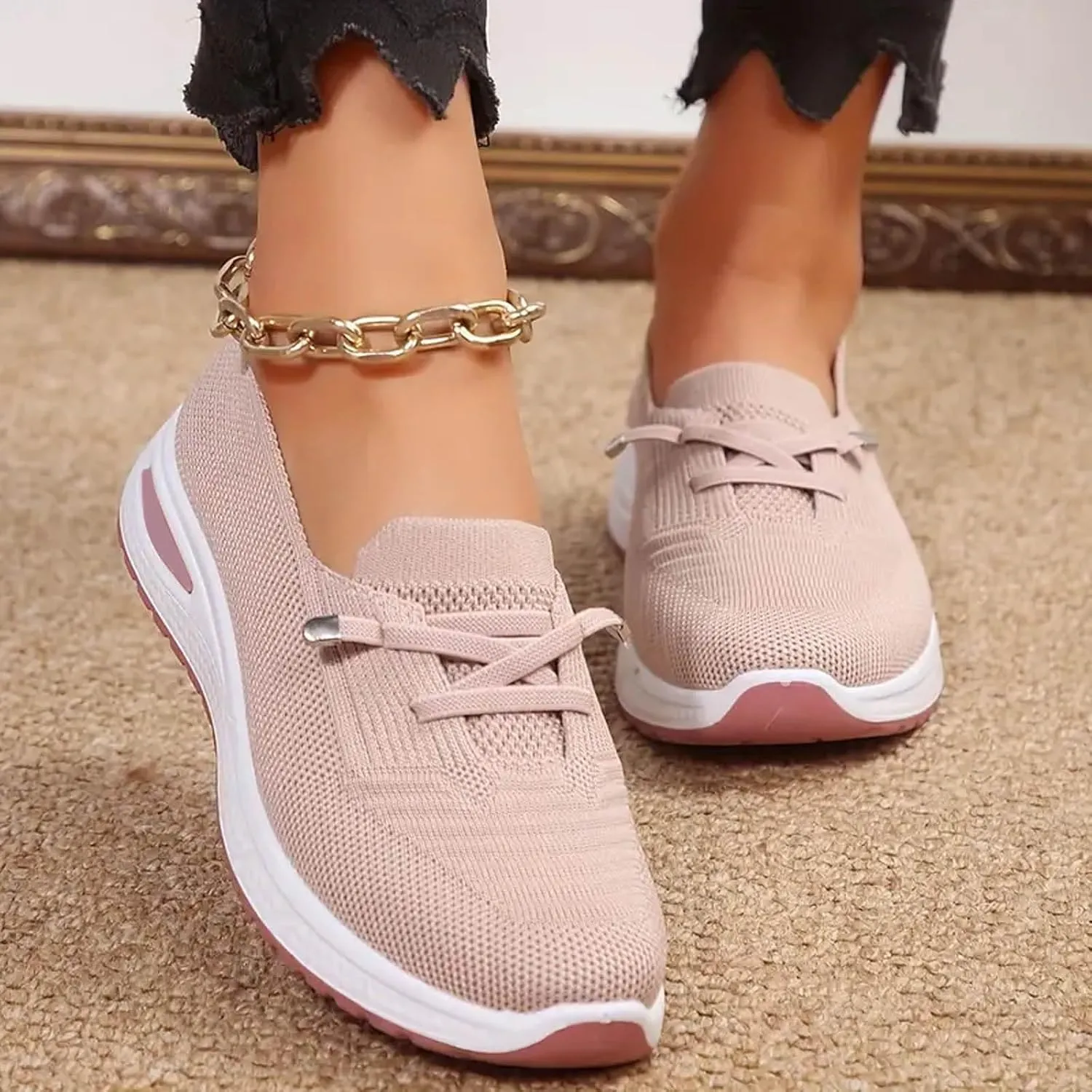 Orthopedic Shoes for Women Slip ons Breathable Mesh Knitted Woven Low Top Comfortable Arch Support Non-Slip Walking Shoes