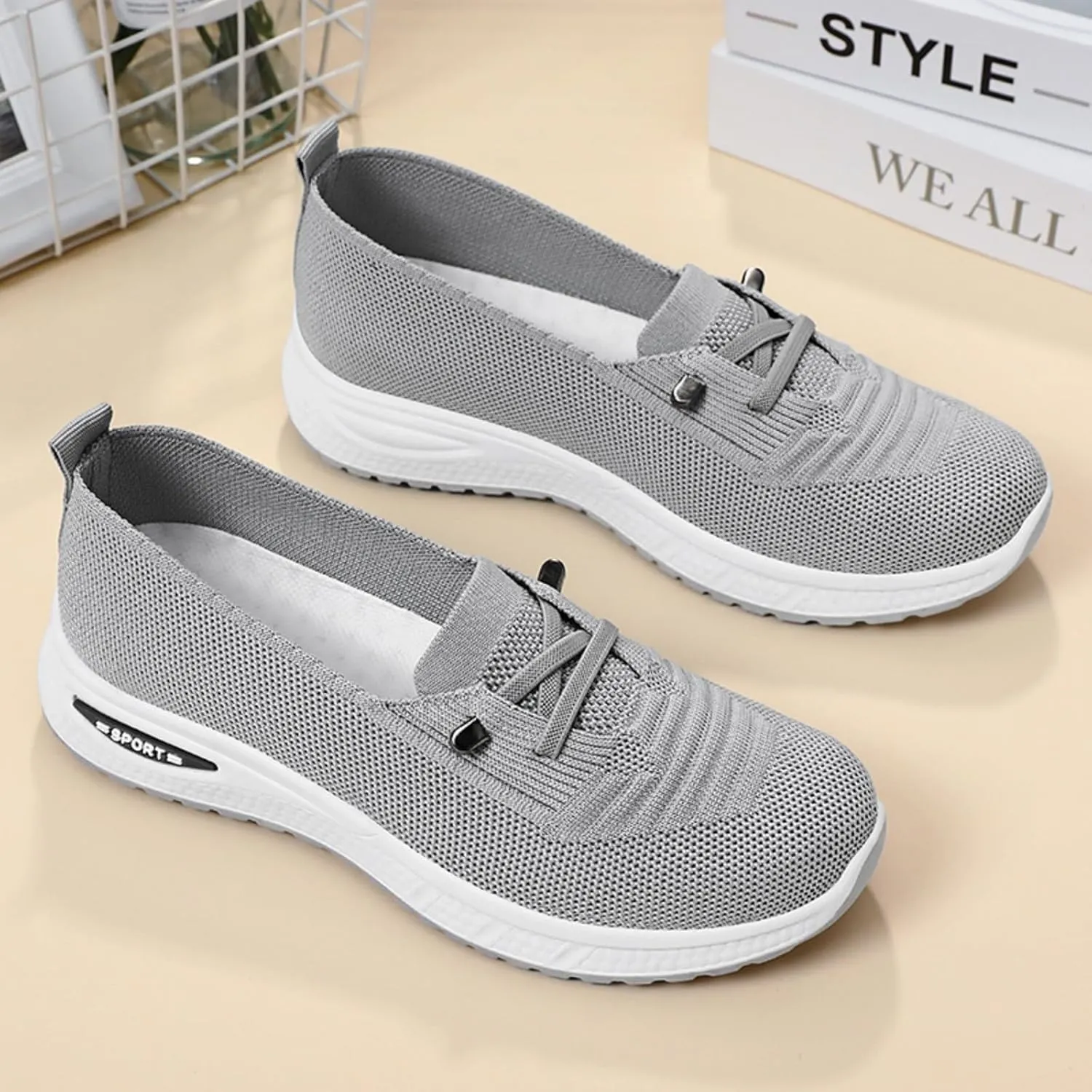 Orthopedic Shoes for Women Slip ons Breathable Mesh Knitted Woven Low Top Comfortable Arch Support Non-Slip Walking Shoes