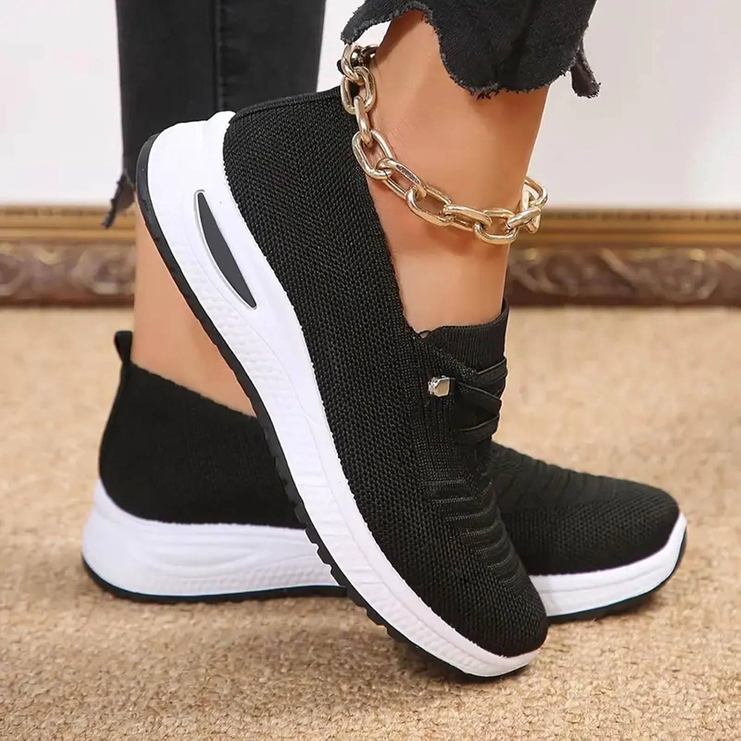 Orthopedic Shoes for Women Slip ons Breathable Mesh Knitted Woven Low Top Comfortable Arch Support Non-Slip Walking Shoes