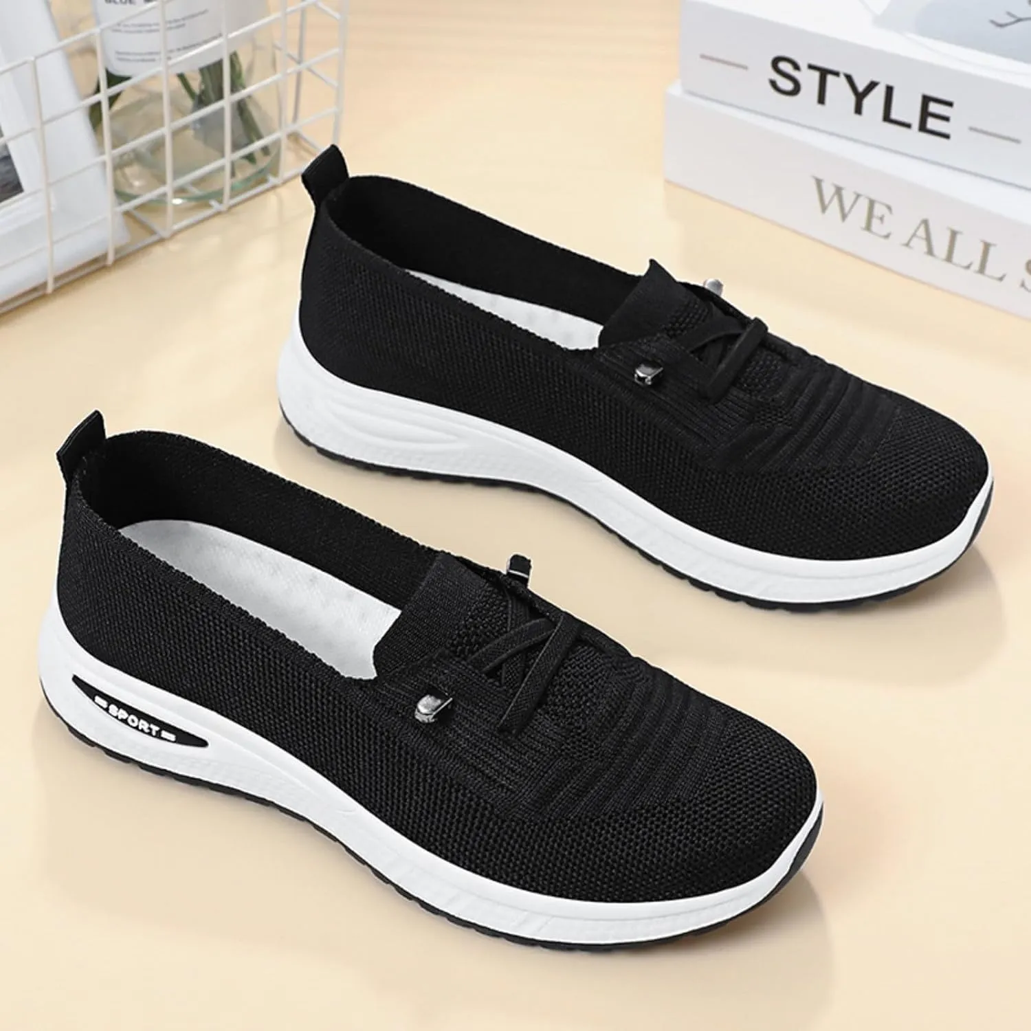 Orthopedic Shoes for Women Slip ons Breathable Mesh Knitted Woven Low Top Lightweight Arch Support Non-Slip Walking Shoes