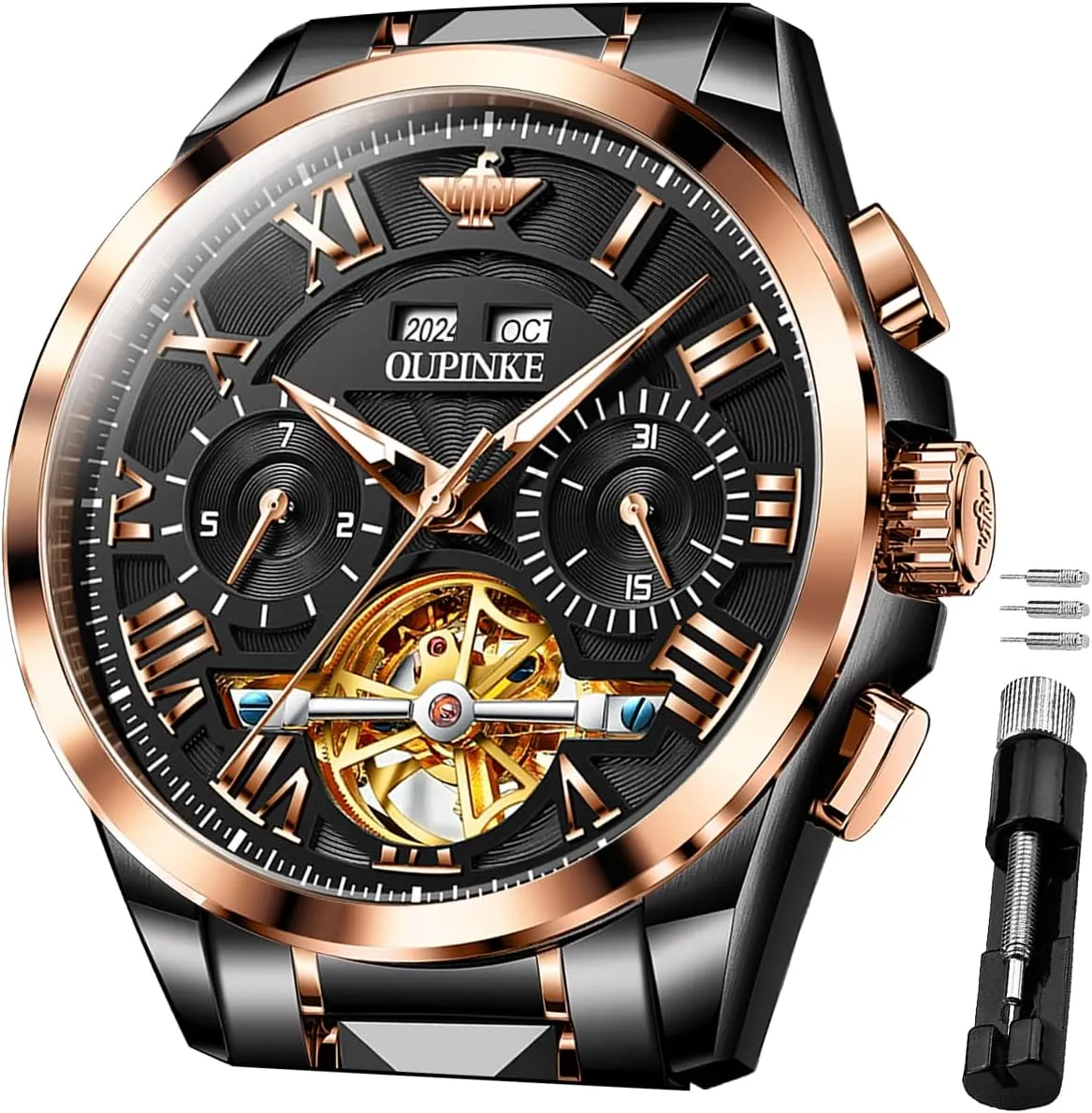 OUPINKE Men Watches Automatic Skeleton Mechanical Luxury Cratch-Resistant Sapphire Mirror Tungsten Steel Strap Luminous Waterproof Calendar Wrist Watch