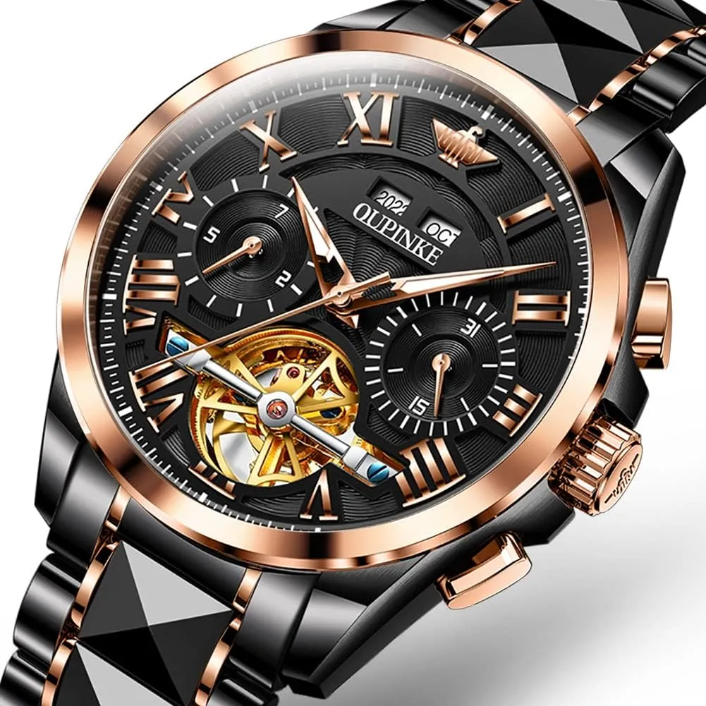 OUPINKE Men Watches Automatic Skeleton Mechanical Luxury Cratch-Resistant Sapphire Mirror Tungsten Steel Strap Luminous Waterproof Calendar Wrist Watch