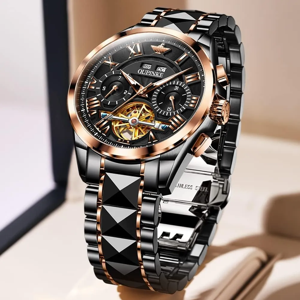 OUPINKE Men Watches Automatic Skeleton Mechanical Luxury Cratch-Resistant Sapphire Mirror Tungsten Steel Strap Luminous Waterproof Calendar Wrist Watch