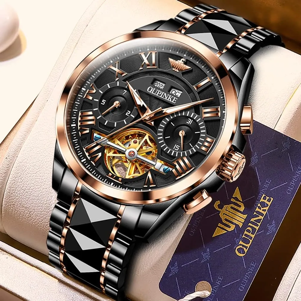 OUPINKE Men Watches Automatic Skeleton Mechanical Luxury Cratch-Resistant Sapphire Mirror Tungsten Steel Strap Luminous Waterproof Calendar Wrist Watch