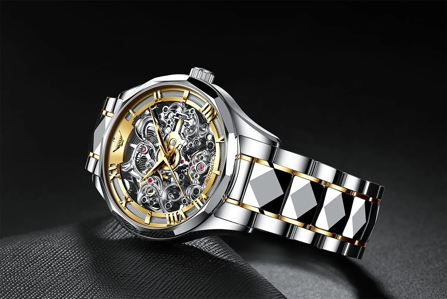 OUPINKE Men's Skeleton Mechanical Watches Luxury Dress Automatic Self Winding Sapphire Crystal Waterproof Tungsten Steel Band Wrist Watches
