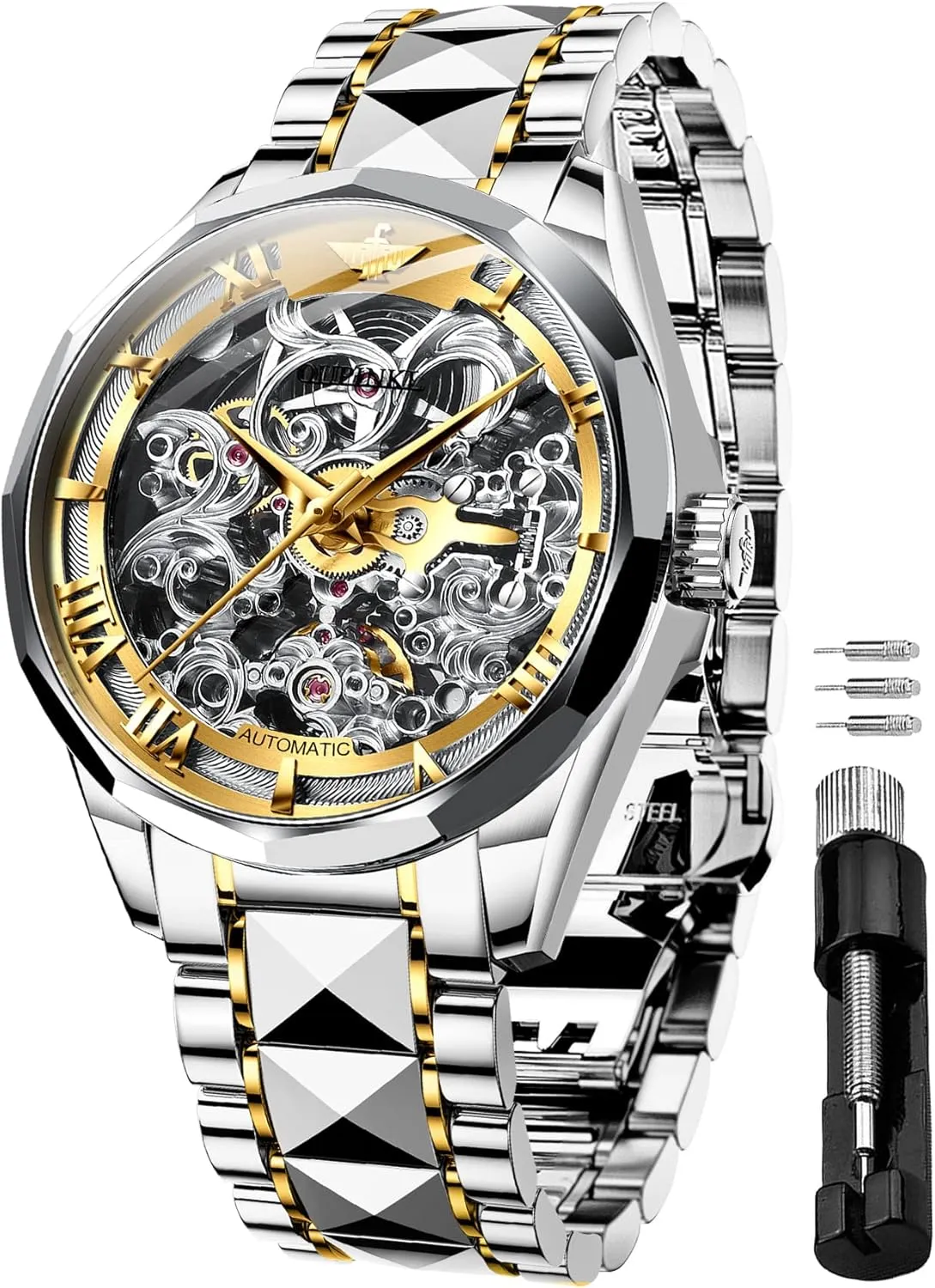 OUPINKE Men's Skeleton Mechanical Watches Luxury Dress Automatic Self Winding Sapphire Crystal Waterproof Tungsten Steel Band Wrist Watches