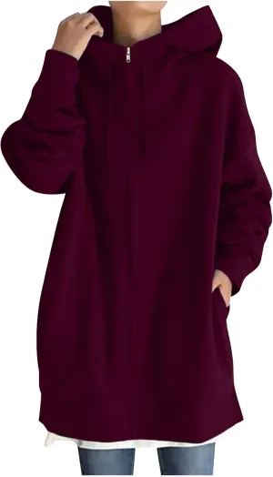 Oversized Hoodie for Women Plus Size Solid Color Hoodies Casual Full Zip Long Hooded Sweatshirt Pullover Jacket with Pockets