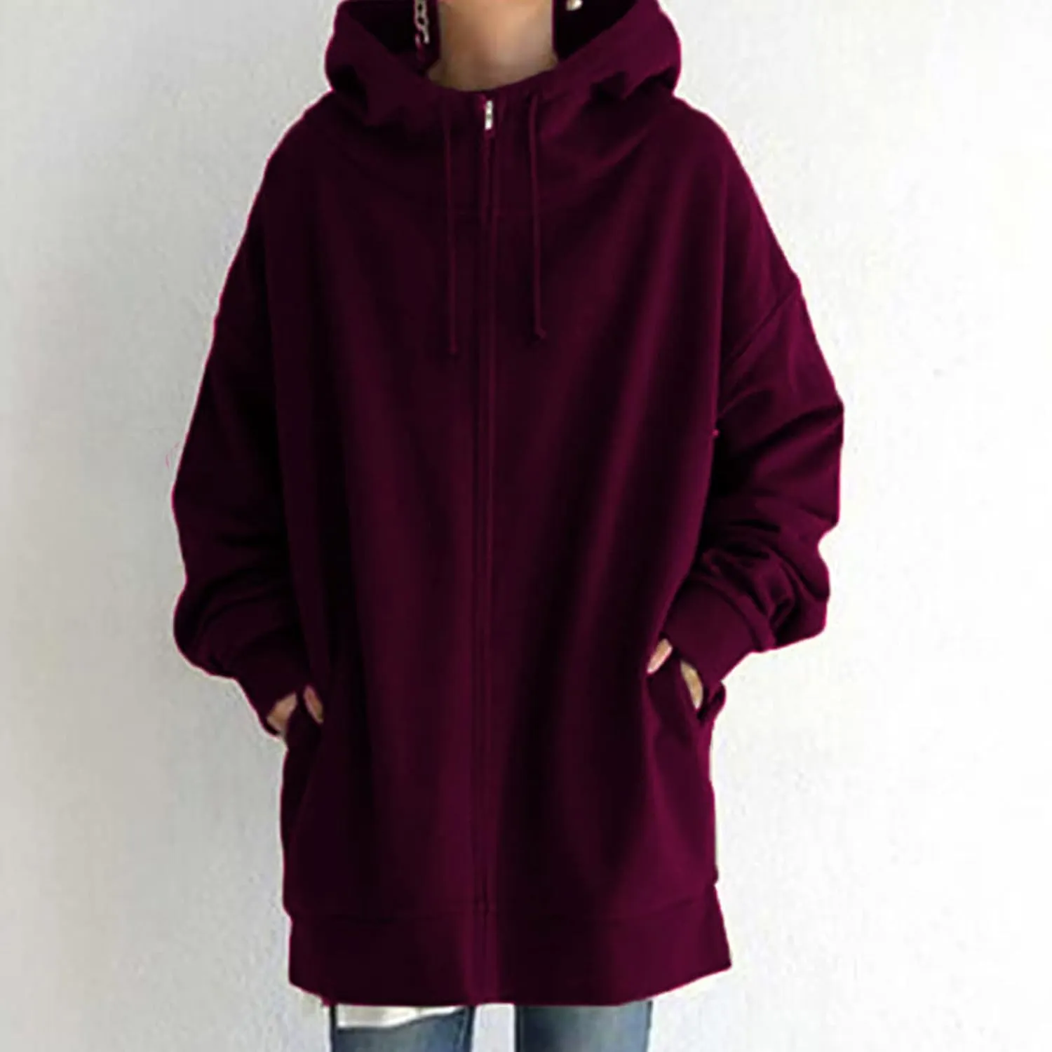 Oversized Hoodie for Women Plus Size Solid Color Hoodies Casual Full Zip Long Hooded Sweatshirt Pullover Jacket with Pockets