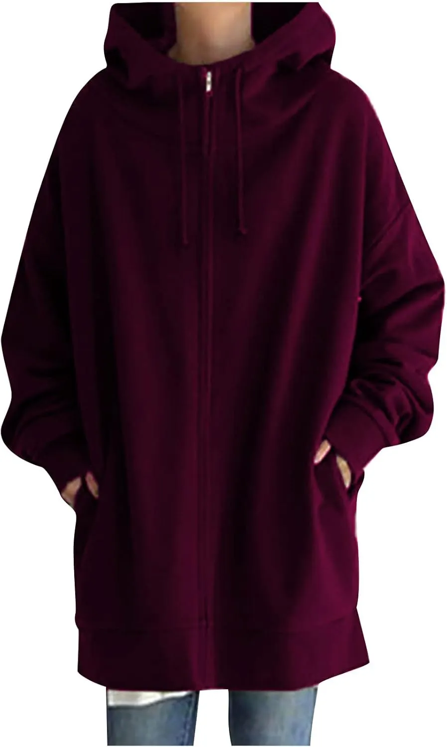 Oversized Hoodie for Women Plus Size Solid Color Hoodies Casual Full Zip Long Hooded Sweatshirt Pullover Jacket with Pockets