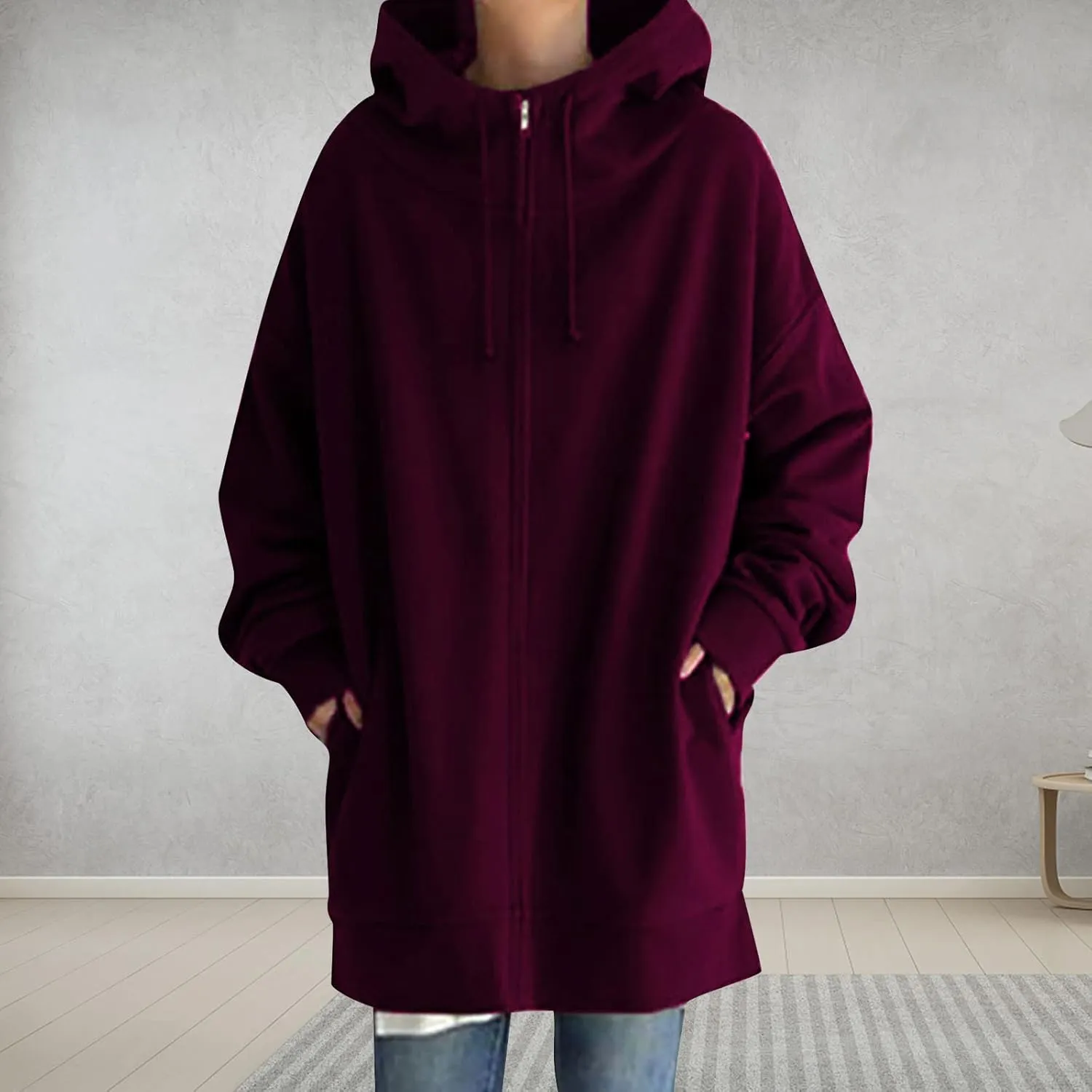 Oversized Hoodie for Women Plus Size Solid Color Hoodies Casual Full Zip Long Hooded Sweatshirt Pullover Jacket with Pockets