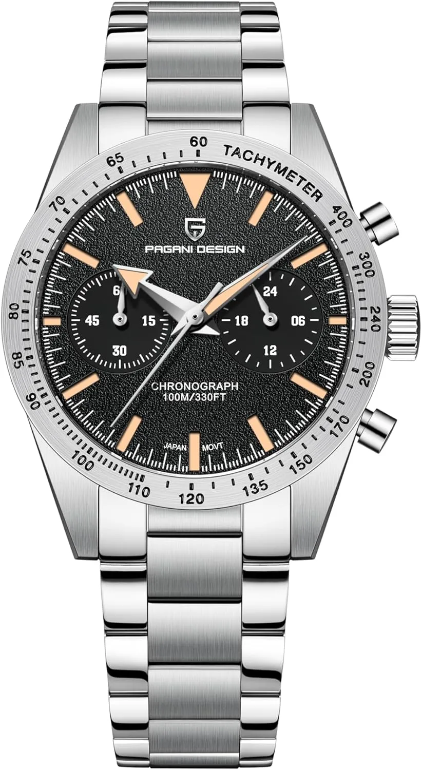 Pagani Design Fashion Men's Chronograph Watches Japanese VK64 Quartz Movement Full Stainless Steel 100M Waterproof Wide Arrow Hands Luminous Retro Sport Analog Wistwatches