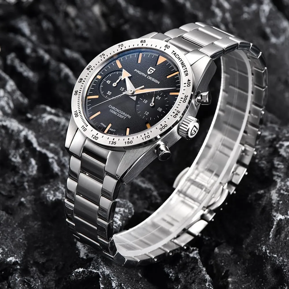 Pagani Design Fashion Men's Chronograph Watches Japanese VK64 Quartz Movement Full Stainless Steel 100M Waterproof Wide Arrow Hands Luminous Retro Sport Analog Wistwatches