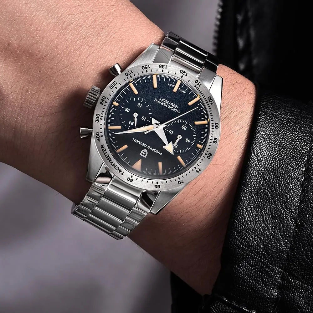 Pagani Design Fashion Men's Chronograph Watches Japanese VK64 Quartz Movement Full Stainless Steel 100M Waterproof Wide Arrow Hands Luminous Retro Sport Analog Wistwatches