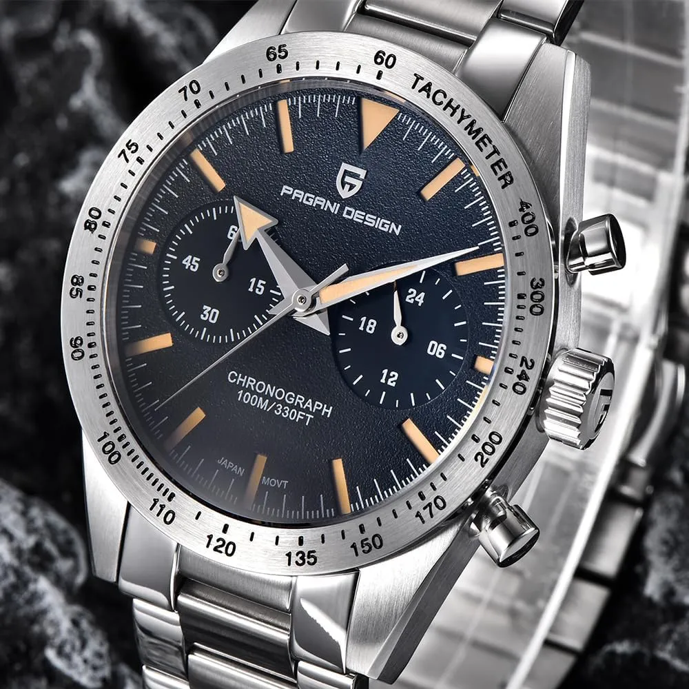 Pagani Design Fashion Men's Chronograph Watches Japanese VK64 Quartz Movement Full Stainless Steel 100M Waterproof Wide Arrow Hands Luminous Retro Sport Analog Wistwatches
