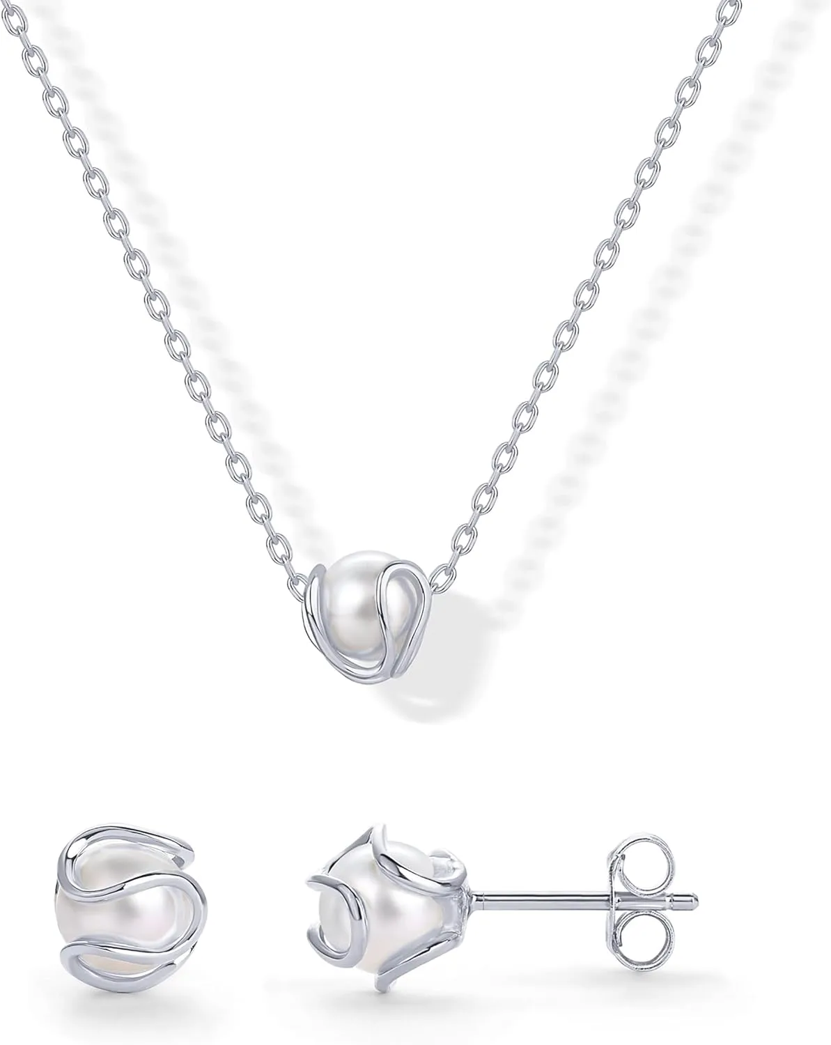 PAVOI 14K Gold Plated Round Shell Pearl Jewelry Set for Women - Gold Pearl Necklace and Earring Set with Pendant Necklace and Caged Stud Earrings Pack