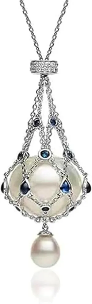 Pearl & Gemstone Lavalier Pendant, Natural Pearl Metal Braided Mesh Necklace,single pearl Cage Pendant Necklaces,Elegant Jewelry Gifts for Mom Wife
