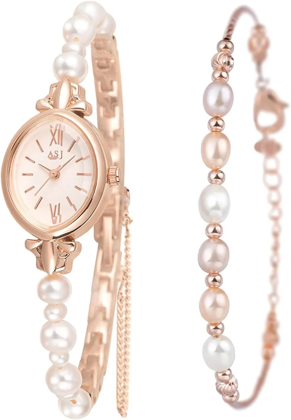 Pearl Bracelet Cuff Watches: Women Rose Gold Waterproof Diamond Dress Analog Watch Oval Pearls Bangle Watch Bracelets Set Gift