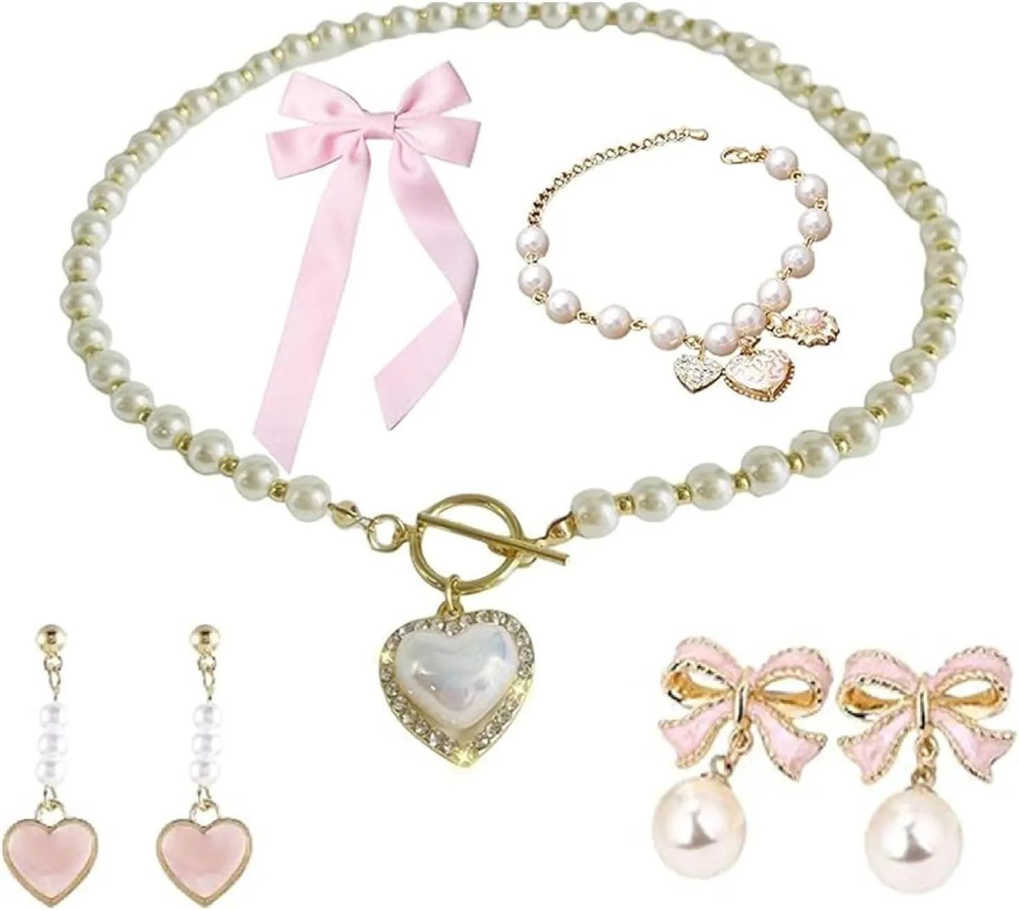 Pearl Coquette Jewelry Set - Bow Earrings, Pink Hair Bows, Choker Necklace - Trendy Accessories, Valentine's Gift for Women