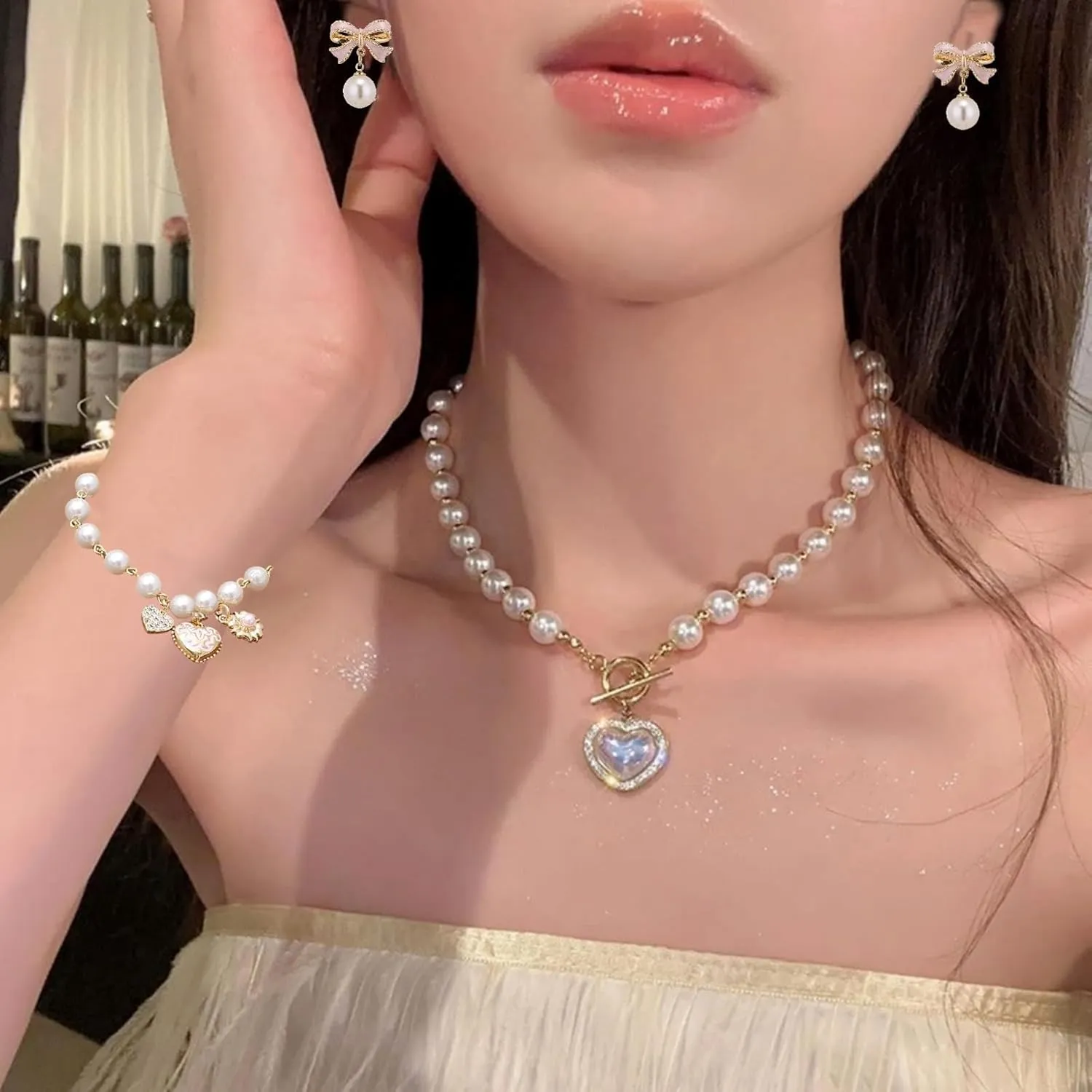 Pearl Coquette Jewelry Set - Bow Earrings, Pink Hair Bows, Choker Necklace - Trendy Accessories, Valentine's Gift for Women