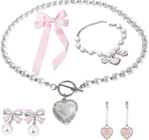 Pearl Coquette Jewelry Set - Bow Earrings, Pink Hair Bows, Choker Necklace - Trendy Accessories, Valentine's Gift for Women