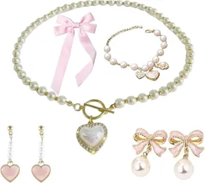 Pearl Coquette Jewelry Set - Bow Earrings, Pink Hair Bows, Choker Necklace - Trendy Accessories, Valentine's Gift for Women
