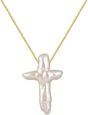 Pearl Cross Necklace for Women Baroque Freshwater Pearl Cross Pendant Necklace Minimalist Jewelry