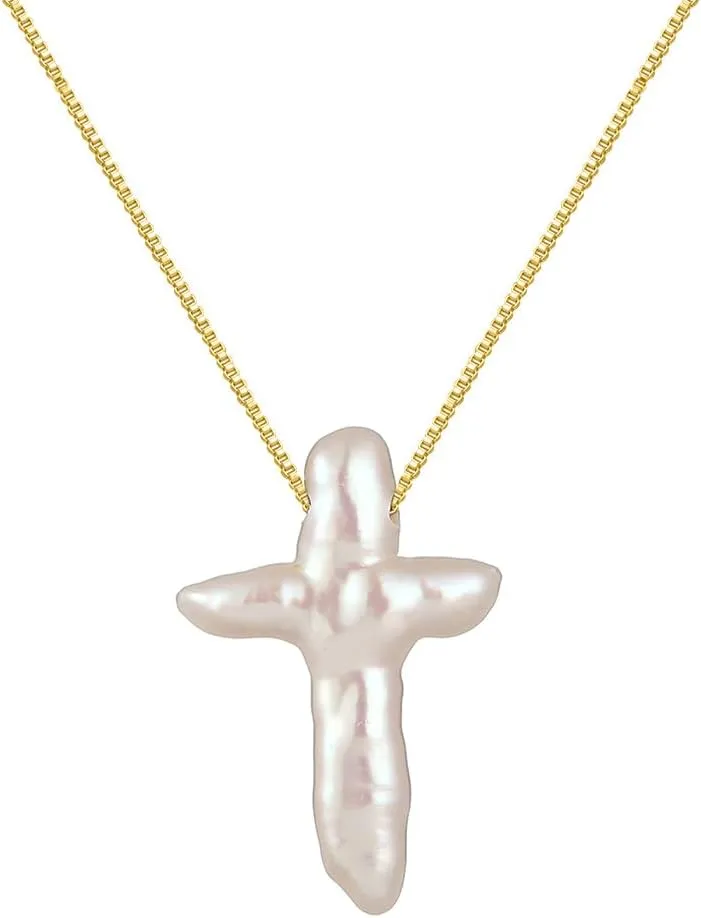 Pearl Cross Necklace for Women Baroque Freshwater Pearl Cross Pendant Necklace Minimalist Jewelry