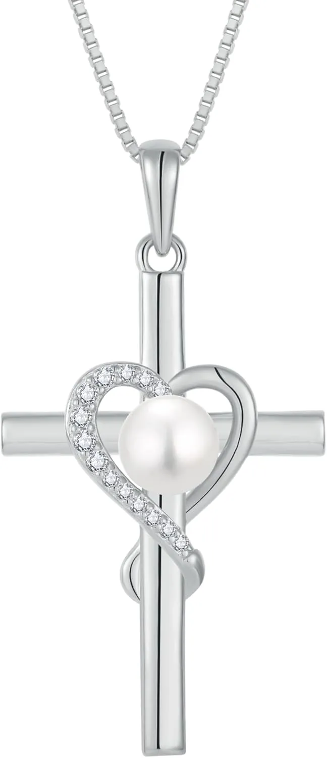 Pearl Cross Pendant Necklace for Women, 925 Sterling Silver Infinity Heart Freshwater Cultured Pearl Necklaces Jewelry Gifts for Her