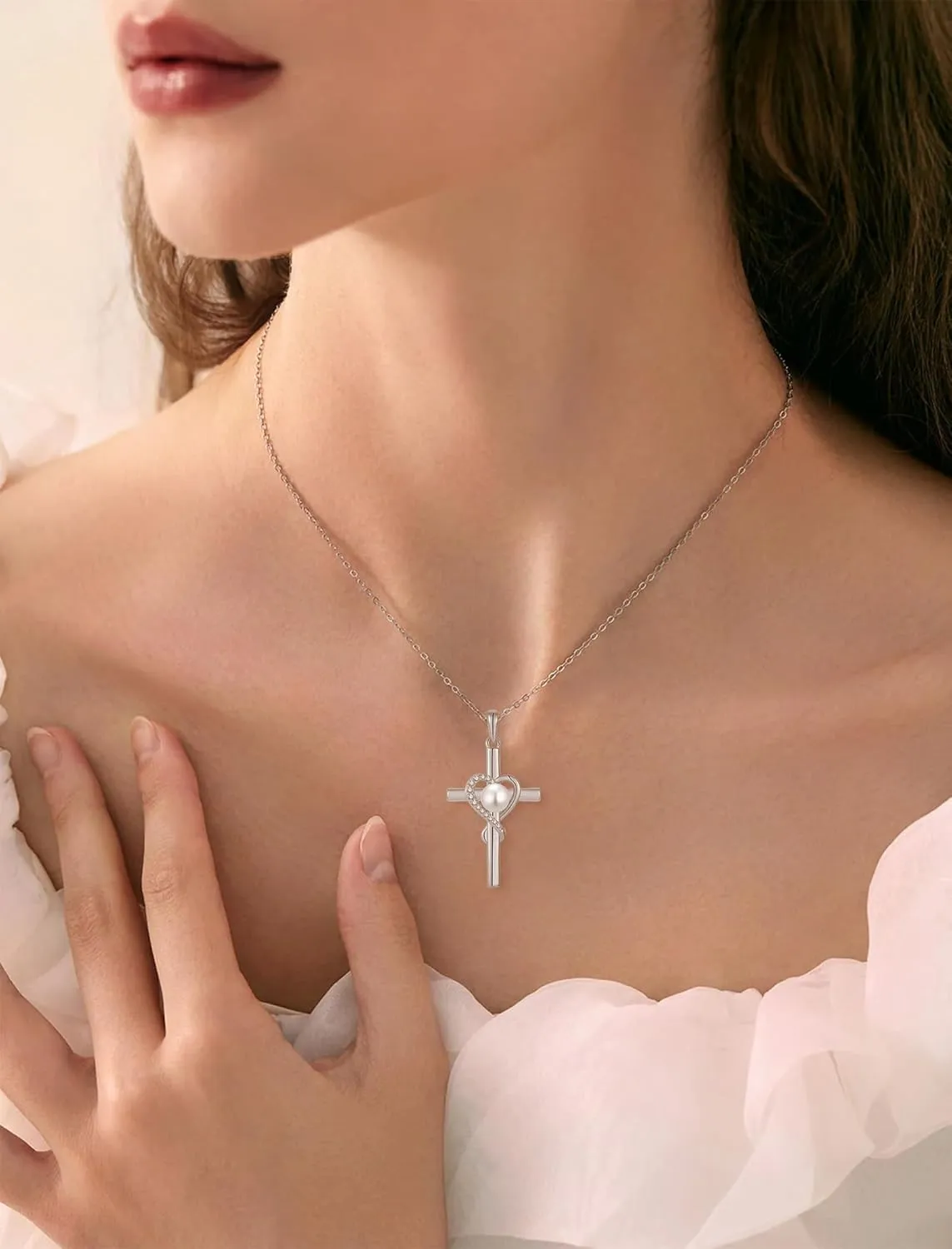 Pearl Cross Pendant Necklace for Women, 925 Sterling Silver Infinity Heart Freshwater Cultured Pearl Necklaces Jewelry Gifts for Her