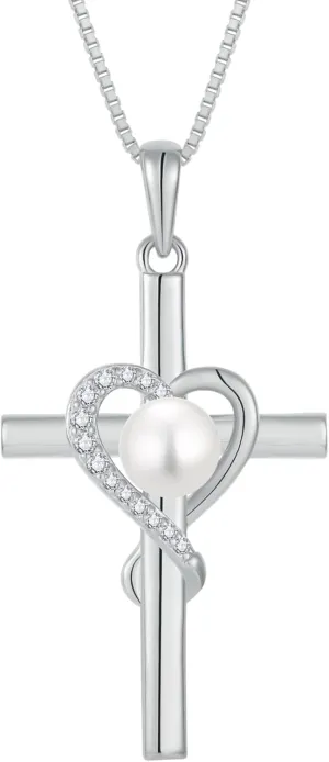 Pearl Cross Pendant Necklace for Women, 925 Sterling Silver Infinity Heart Freshwater Cultured Pearl Necklaces Jewelry Gifts for Her