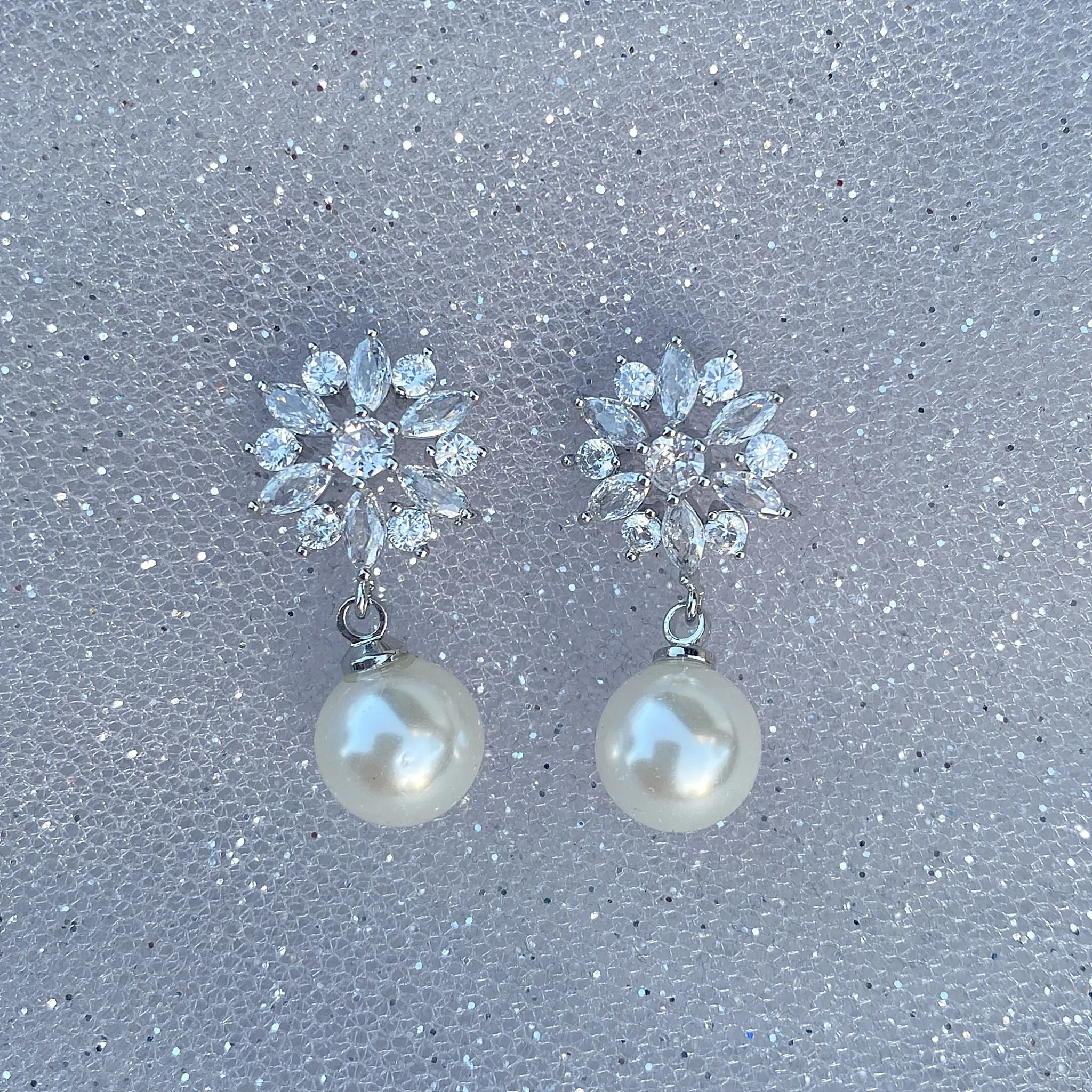 Pearl Drop Earrings in Silver Floral Diamante
