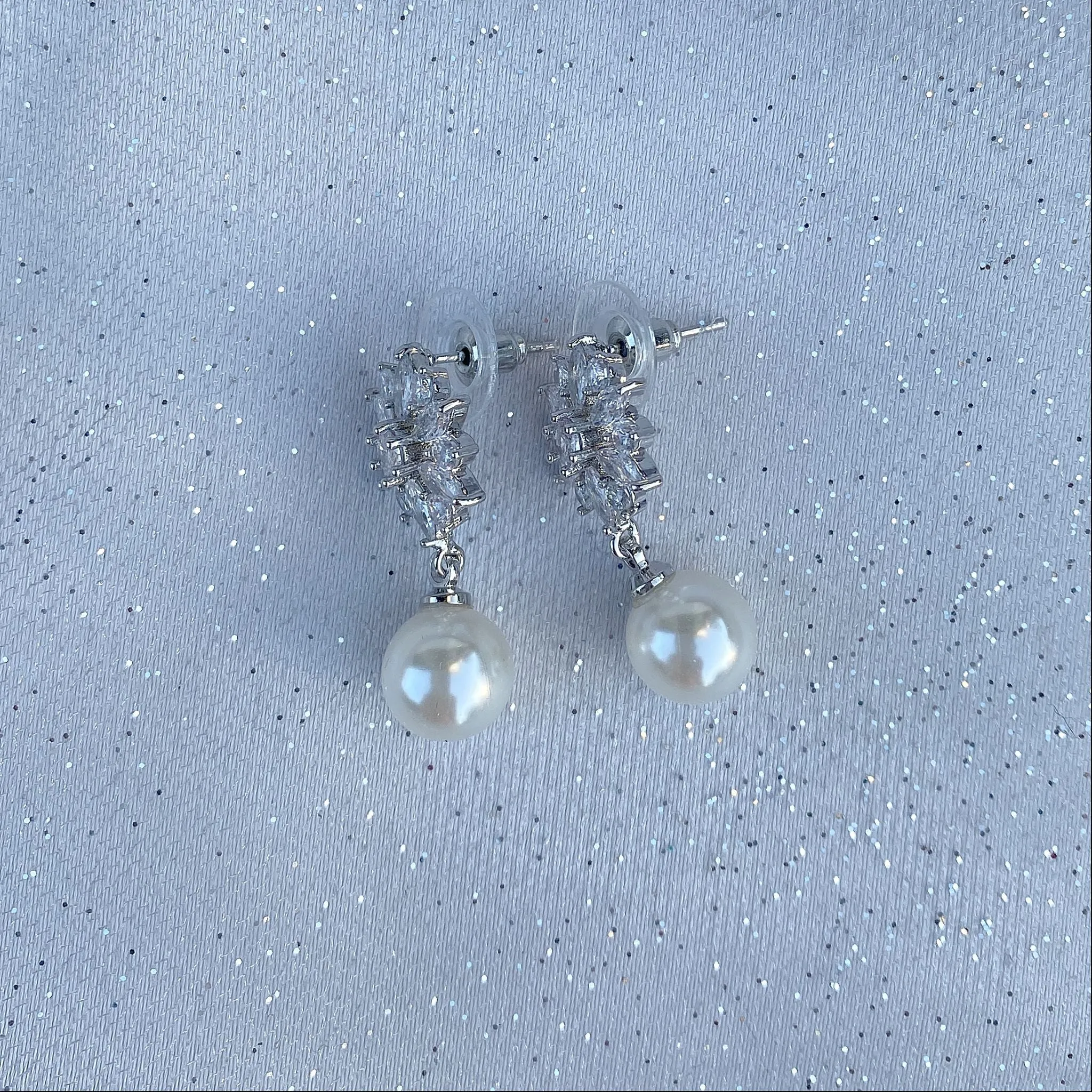 Pearl Drop Earrings in Silver Floral Diamante