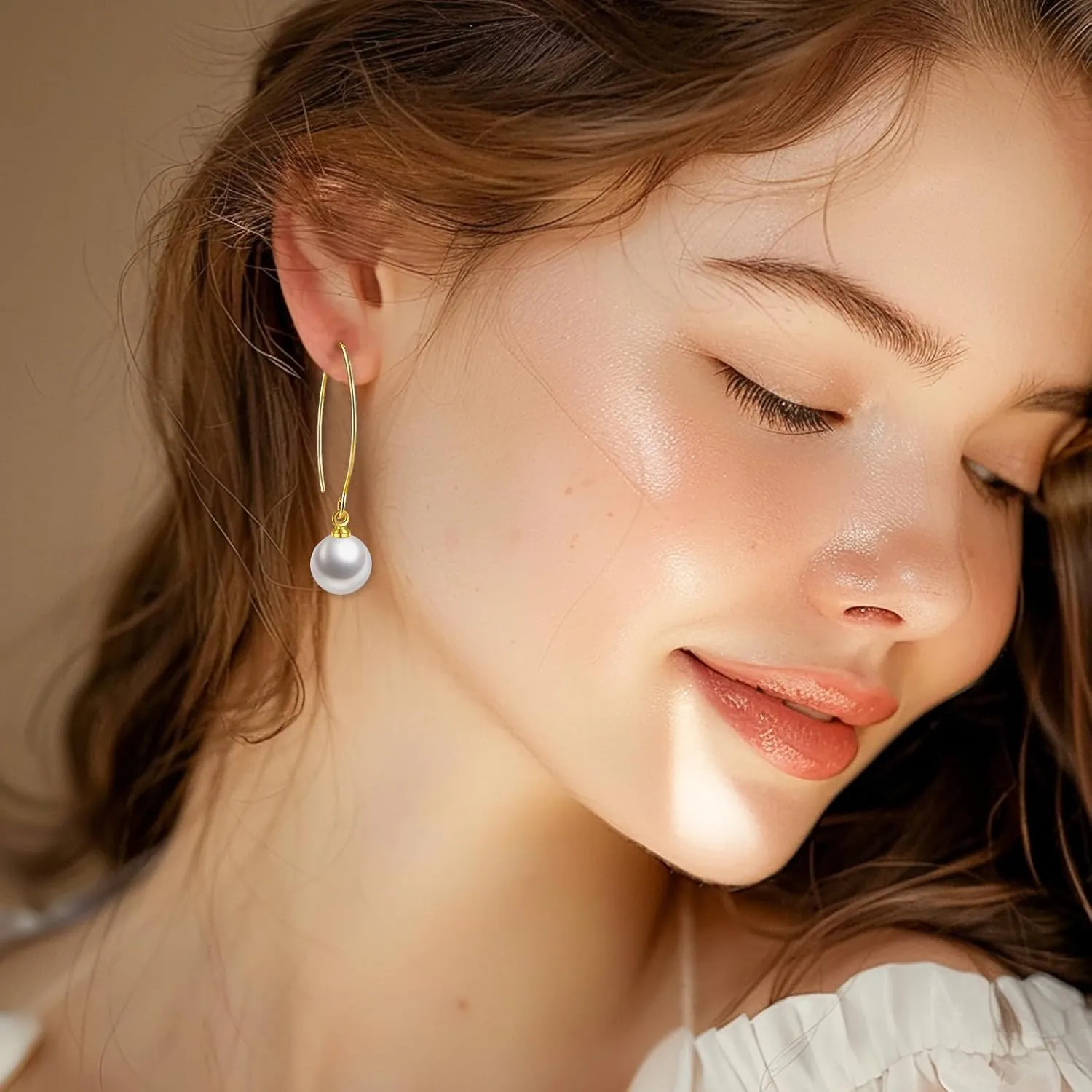 Pearl Earrings for Women, 14k Gold Pearl Drop Dangle Earrings,Gold Pearl Threader Earrings Statement Wedding Bridal Earrings,Great for birthday,party, Christmas,Mothers Day,Present Giving.