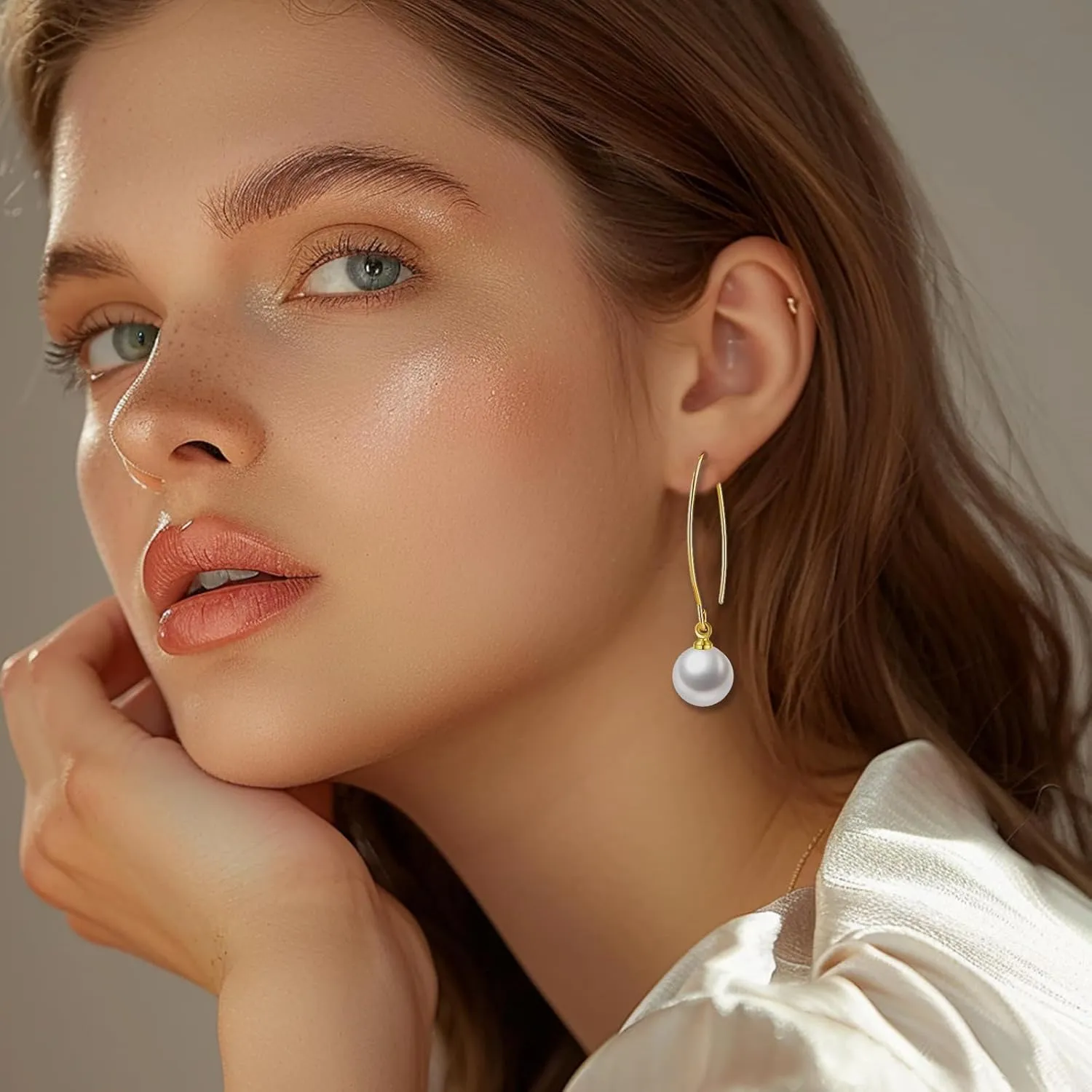 Pearl Earrings for Women, 14k Gold Pearl Drop Dangle Earrings,Gold Pearl Threader Earrings Statement Wedding Bridal Earrings,Great for birthday,party, Christmas,Mothers Day,Present Giving.