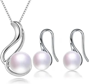 Pearl Jewelry Set For Women 925 Sterling Silver Necklace Pearl Pendant & Pearl Earrings Freshwater Pearl Drop Jewelry Set for Wedding Prom Gift
