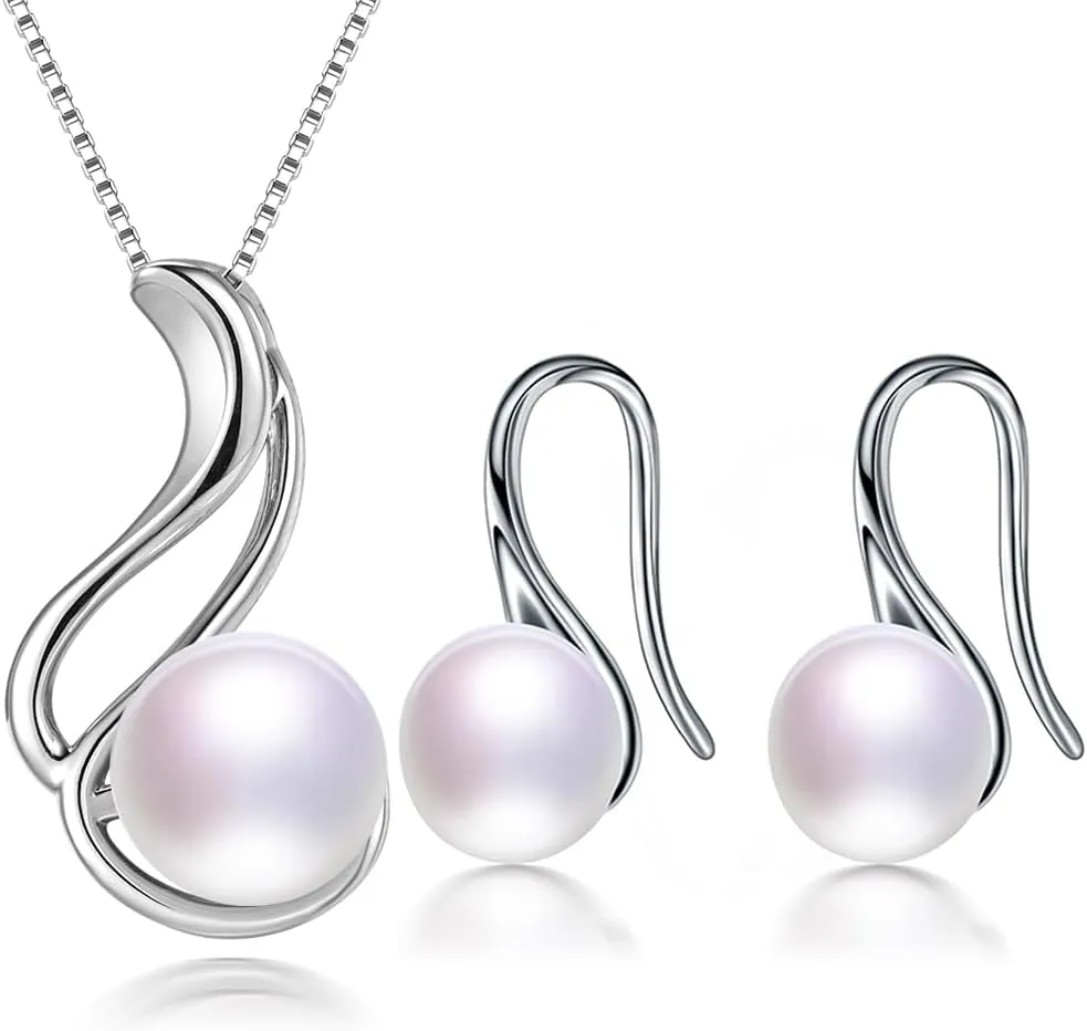 Pearl Jewelry Set For Women 925 Sterling Silver Necklace Pearl Pendant & Pearl Earrings Freshwater Pearl Drop Jewelry Set for Wedding Prom Gift