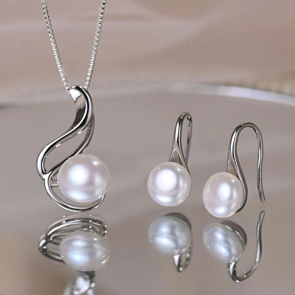 Pearl Jewelry Set For Women 925 Sterling Silver Necklace Pearl Pendant & Pearl Earrings Freshwater Pearl Drop Jewelry Set for Wedding Prom Gift