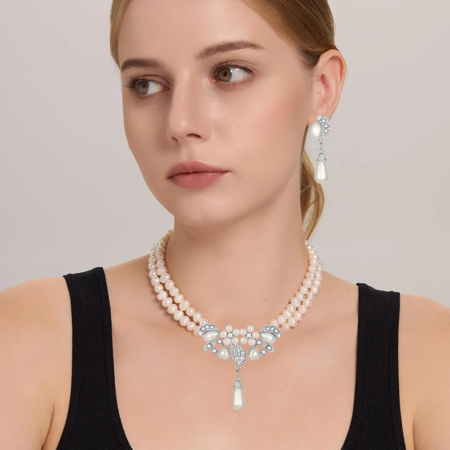 Pearl Jewelry Set for Women,Pearl Necklace and Earring Set for Women Anniversary Birthday Friendship Party Valentine Gif