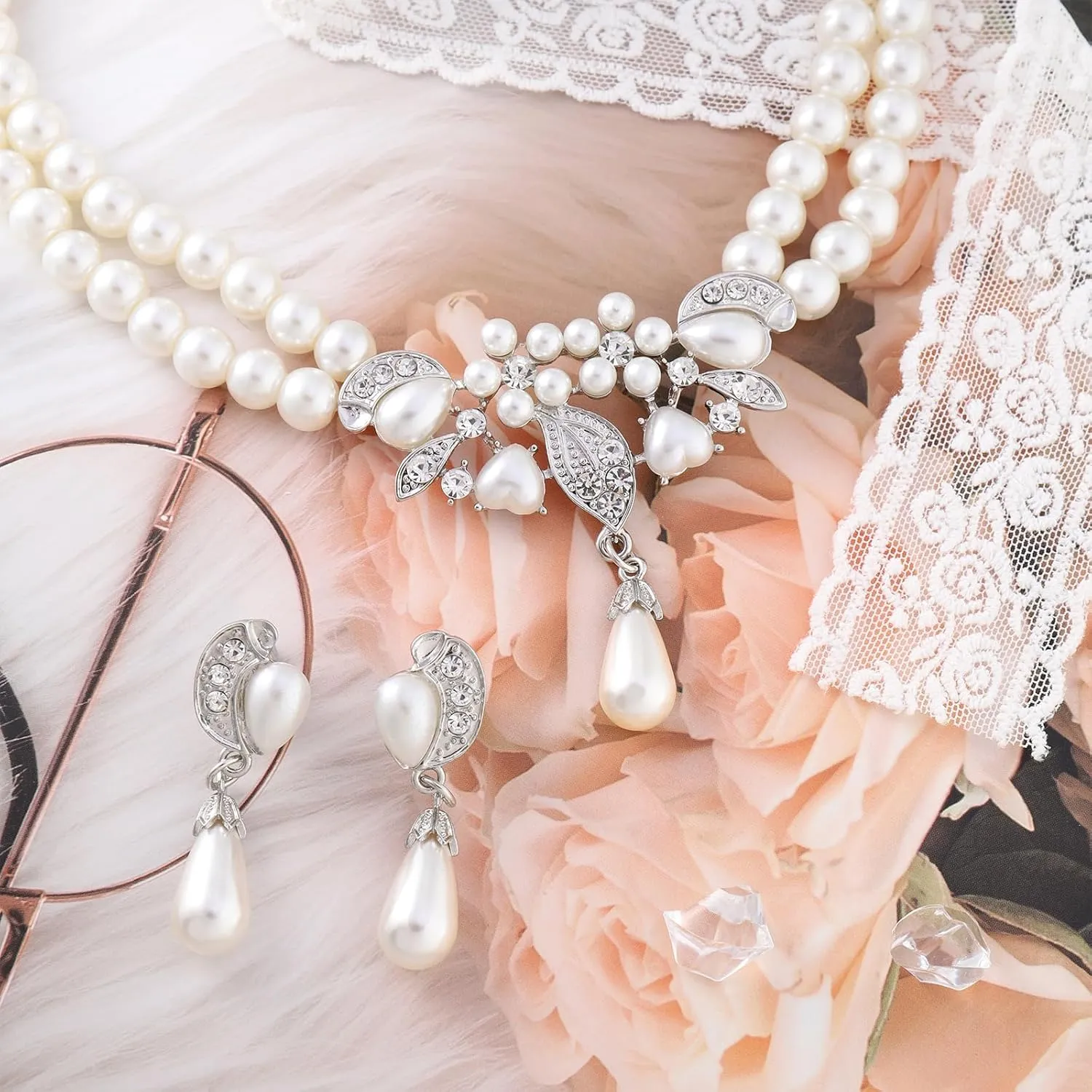 Pearl Jewelry Set for Women,Pearl Necklace and Earring Set for Women Anniversary Birthday Friendship Party Valentine Gif