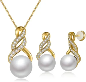 Pearl Necklace and Earring Set for Women - 925 Sterling Silver Pearl Jewelry Set Rhodium/Gold Plated Anniversary Birthday Gifts for Her Packaged in Preserved Rose Box