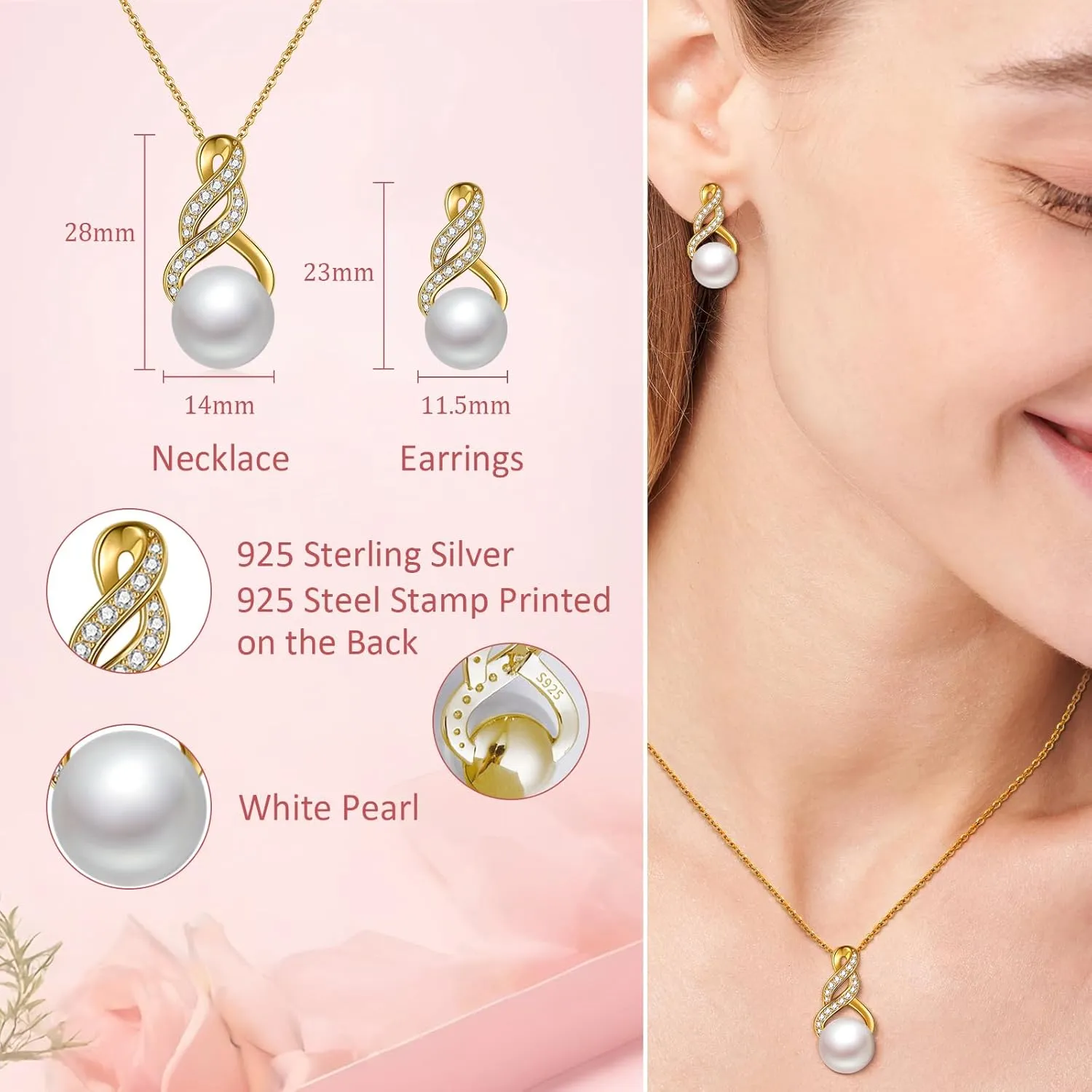 Pearl Necklace and Earring Set for Women - 925 Sterling Silver Pearl Jewelry Set Rhodium/Gold Plated Anniversary Birthday Gifts for Her Packaged in Preserved Rose Box