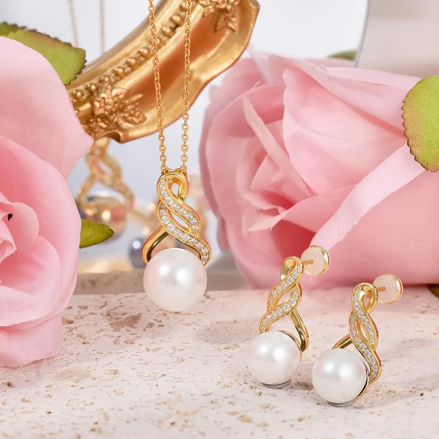 Pearl Necklace and Earring Set for Women - 925 Sterling Silver Pearl Jewelry Set Rhodium/Gold Plated Anniversary Birthday Gifts for Her Packaged in Preserved Rose Box