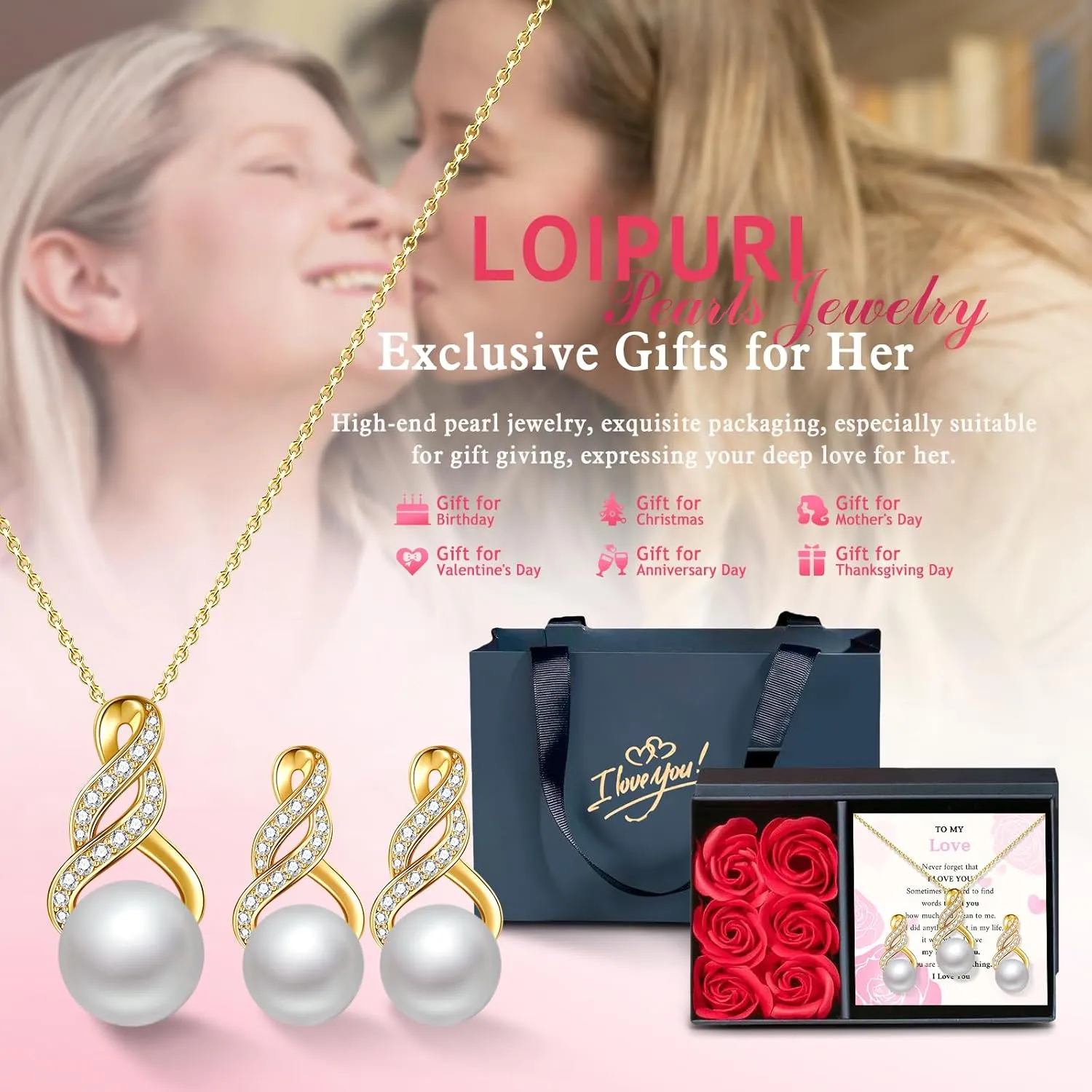 Pearl Necklace and Earring Set for Women - 925 Sterling Silver Pearl Jewelry Set Rhodium/Gold Plated Anniversary Birthday Gifts for Her Packaged in Preserved Rose Box