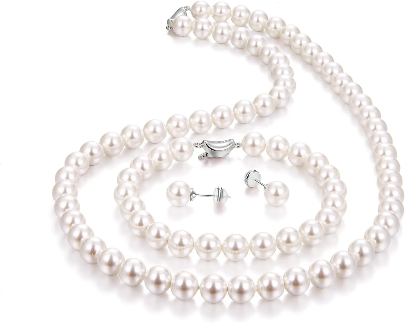 Pearl Necklace and Earring Set Include Stunning Bracelet, Pearl Jewelry Set for Women with Preserved Rose Box