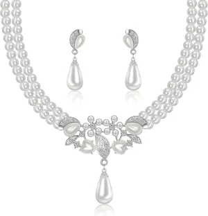 Pearl Necklace and Earrings Set, Bracelets Sets Simulated Pearl Bride Wedding Jewelry Set Accessories Wedding Necklace Jewelry Silver Gold Birthday Jewelry for Women